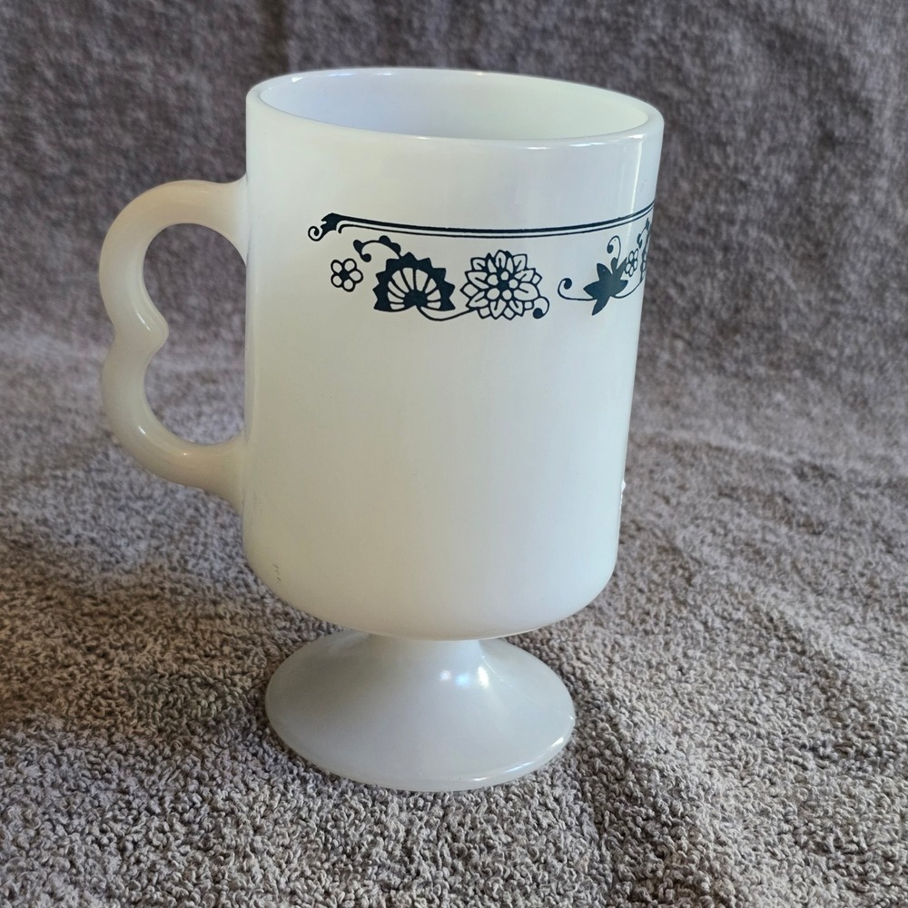 Vintage Milk Glass Pedestal Mug Footed Coffee Cup White Blue Floral USA Retro